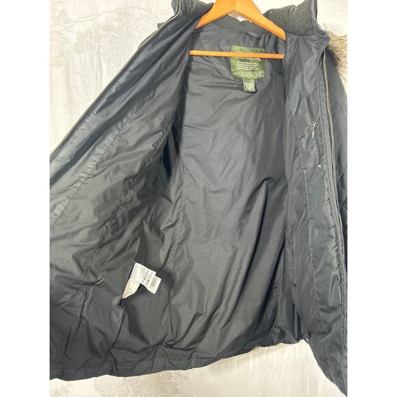 Eddie Bauer Puffer Coat Small Black Goose Down Faux Fur Lined Hood Long Length - Picture 6 of 16
